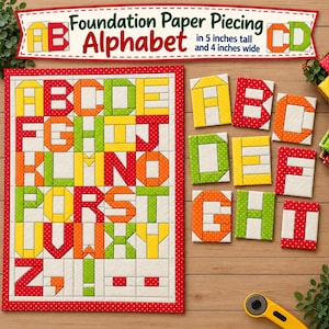 Könnte beinhalten: Ein Foundation-Paper-Piecing-Alphabet-Quiltmuster mit den Buchstaben A bis Z, einem Komma, einem Ausrufezeichen und Punkten. Die bunten Buchstaben mit Punktmuster sind 12,7 cm hoch und 10,16 cm breit. Enthält einzelne Stoffbuchstaben-Musterstücke.