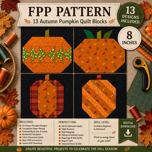 Pacote com 13 padrões de abóboras em patchwork com base em papel (FPP) no tamanho de 20 cm | Blocos de patchwork em PDF para patchwork com base em papel | Padrões de patchwork de abóboras de outono | Download instantâneo