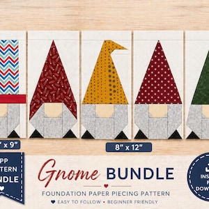 Könnte beinhalten: Fünf Gnome-Nähvorlagen mit unterschiedlichen Hutdesigns in Rot, Grün und Gelb. Die Muster sind 15,24 cm x 22,86 cm und 20,32 cm x 30,48 cm groß. Der Text "Gnome BUNDLE" ist ebenfalls enthalten.