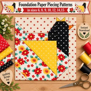 May include: A square quilt block featuring a central yellow triangle with white polka dots, surrounded by floral fabric with red and yellow flowers on a cream background, and a black section with white polka dots, accompanied by sewing supplies.