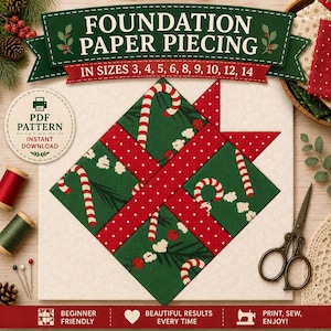 Puede incluir: Un patrón PDF de costura sobre papel con un diseño de bloque de edredón en forma de diamante sobre fondo verde, con bastones de caramelo rojos y blancos y cintas rojas de lunares. El texto dice Foundation Paper Piecing en tallas 3, 4, 5, 6, 8, 9, 10, 12, 14.