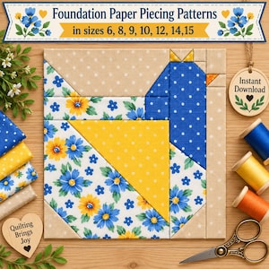 May include: A square foundation paper piecing pattern block featuring a bird design in blue, yellow, and beige fabrics. The block includes floral and polka dot prints. Text at the top reads Foundation Paper Piecing Patterns in sizes 6, 8, 9, 10, 12, 14, 15.