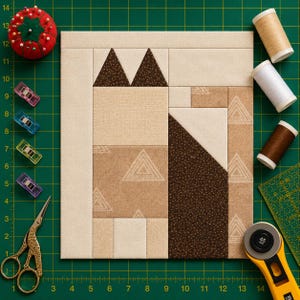May include: A square quilt block featuring a stylised cat design constructed from beige, tan, and dark brown fabric pieces with geometric triangle patterns. The block is surrounded by sewing supplies including a red pincushion, colourful clips, spools of thread, gold scissors, and a yellow rotary cutter on a green cutting mat.