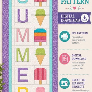 Op de afbeelding: Een digitaal quiltpatroon met het woord 'SUMMER' in blokletters, afgewisseld met ijsjes en ijslolly's. Geschikt voor seizoensgebonden projecten zoals wandkleden en quilts. Digitale download.