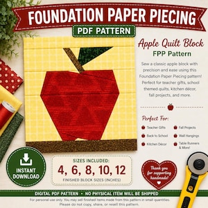 Puede incluir: Un patrón PDF de "Foundation Paper Piecing" para un bloque de edredón de manzana. La imagen muestra un bloque de manzana amarillo y rojo, con texto que incluye "Foundation Paper Piecing", "Apple Quilt Block" y "Sizes Included: 4, 6, 8, 10, 12".