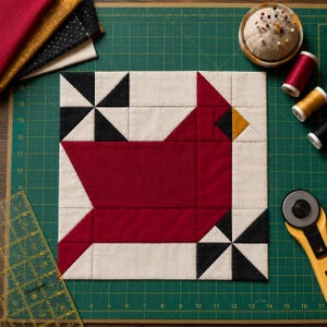 May include: A square quilt block featuring a central red cardinal bird design pieced from fabric. The block includes cream-colored background sections and two corner pinwheel blocks in black and white. A small yellow triangle forms the bird's beak.