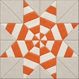 May include: A square quilt block featuring a central eight-pointed star design. The star is composed of alternating orange fabric with small white dots and solid off-white fabric strips. The background consists of light gray fabric with a subtle pattern.