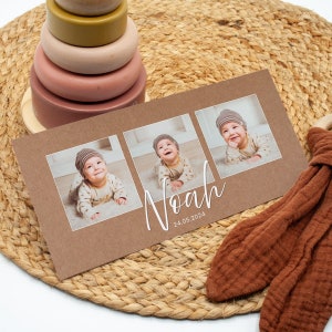 Dankeskarte zur Geburt, Geburtskarte "Noah" individualisierbar Geburt Karte Baby Danksagung Babykarte DIN lang Kraftpapier Mädchen und Junge
