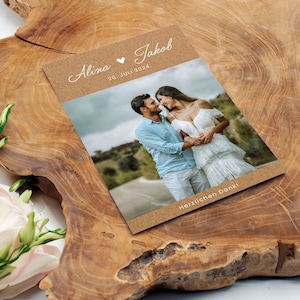 Dankeskarte zur Hochzeit personalisiert mit Text und Fotos, moderne Karte Hochzeit Danke DIN A6, Danksagung, Liebe Dankeskarte Kraftpapier