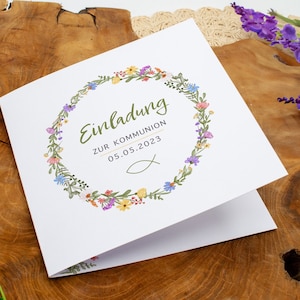 Einladung Kommunion Konfirmation, personalisierbar Einladungskarte Quadrat Klappkarte, bunte Wildblumen, Mädchen Junge, Naturpapier