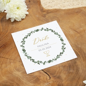Dankeskarte Kommunion Konfirmation Hochzeit Taufe, personalisierbar Danksagung quad. 98 oder 148 mm, Eukalyptus Kranz, Danke Mädchen Junge
