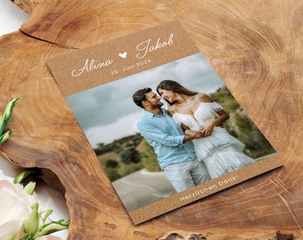 Dankeskarte zur Hochzeit personalisiert mit Text und Fotos, moderne Karte Hochzeit Danke DIN A6, Danksagung, liebe Dankeskarte Kraftpapier