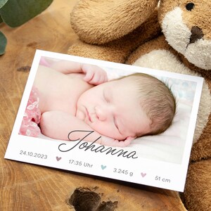 Dankeskarte zur Geburt, Geburtskarte "Johanna" individualisierbar Geburt Karte Baby Danksagung Babykarte DIN A6 Mädchen