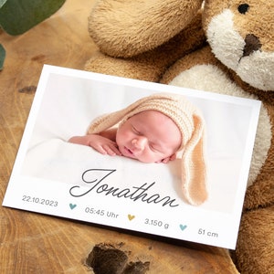 Dankeskarte zur Geburt, Geburtskarte "Jonathan" individualisierbar Geburt Karte Baby Danksagung Babykarte DIN A6 Junge