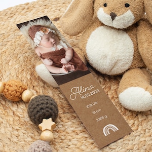 Dankeskarte zur Geburt, Geburtskarte "Alina" braun individualisierbar Geburtsanzeige Baby Danksagung Babykarte Bildstreifen Mädchen Junge