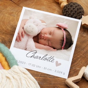 Dankeskarte zur Geburt, Geburtskarte "Charlotte" individualisierbar Geburtsanzeige Baby Danksagung Babykarte quadratisch 98 mm Mädchen Junge
