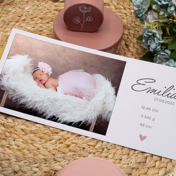 Dankeskarte zur Geburt, Geburtskarte "Emilia" individualisierbar Geburt Karte Baby Danksagung Babykarte DIN lang Mädchen