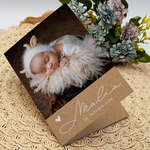 Dankeskarte zur Geburt, Geburtskarte "Malia" ab 1 Euro, Klappkarte, personalisierbar, Karte Baby Danksagung Babykarte DIN A6 Junge Mädchen