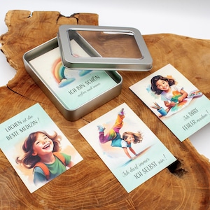 23 Mutmachkarten Mädchen, Affirmationskarten in Metalldose | Achtsamkeit | Starke Gedanken | Ermutigung Affirmation | Geschenk Kinder