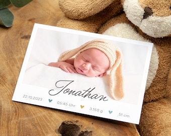Dankeskarte zur Geburt, Geburtskarte "Jonathan" individualisierbar Geburt Karte Baby Danksagung Babykarte DIN A6 Junge