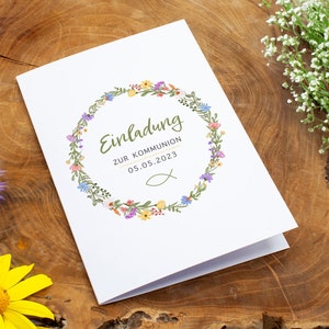 Einladung Kommunion Konfirmation, personalisierbar Einladungskarte DIN A6 Klappkarte, bunte Wildblumen, Fisch, Mädchen Junge, Naturpapier