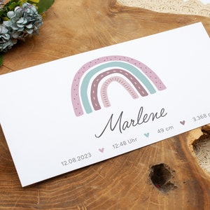 Dankeskarte zur Geburt, Geburtskarte "Marlene" individualisierbar Geburt Karte Baby Regenbogen Danksagung Babykarte DIN lang Mädchen