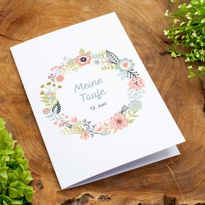 Einladung Taufe, Taufeinladung für Mädchen, personalisierbar Einladungskarte DIN A6 Klappkarte, Blumen, Blumenkranz, pastell ab 1,40 Euro