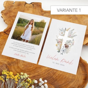 Dankeskarte mit Foto Kommunion Konfirmation, Taufe, personalisierbar Danksagung DIN A6, Blumen Kreuz bunt, Mädchen Junge, Danke, Naturpapier