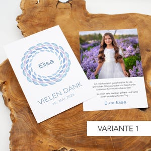 Dankeskarte mit Foto Kommunion Konfirmation, Taufe, personalisierbar Danksagung DIN A6, Aquarell, Fisch, Kreis, Mädchen, bunt, Naturpapier