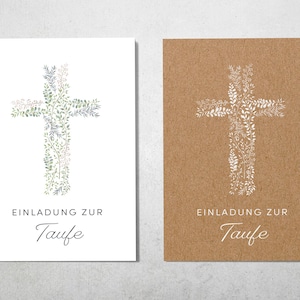 Einladung Taufe, Taufeinladung, personalisierbar Einladungskarte DIN A6 Klappkarte für Mädchen und Jungen, Kraftpapier, Kreuz in zwei Farben
