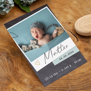Dankeskarte zur Geburt, Geburtskarte "Matteo" DIN A6 individualisierbar, im Scrapbook-Stil, Karte Baby Danksagung Babykarte Junge Mädchen