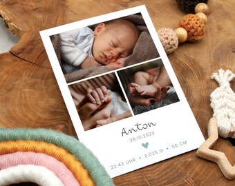 Dankeskarte zur Geburt, Geburtskarte "Anton" ab 0,95 Euro, individualisierbar Geburt Karte Baby Danksagung Babykarte DIN A6 Junge Mädchen