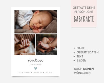 Dankeskarte zur Geburt, Geburtskarte "Anton" ab 0,95 Euro, individualisierbar Geburt Karte Baby Danksagung Babykarte DIN A6 Junge Mädchen