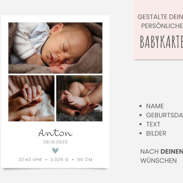 Dankeskarte zur Geburt, Geburtskarte "Anton" ab 0,95 Euro, individualisierbar Geburt Karte Baby Danksagung Babykarte DIN A6 Junge Mädchen