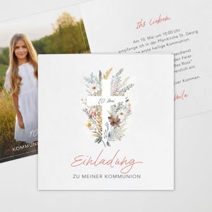 Einladung Kommunion Konfirmation, personalisierbar mit Foto Einladungskarte Klappkarte Blumen Kreuz bunt, Mädchen, 2 Formate