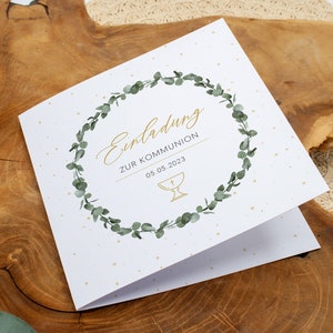 Einladung Kommunion Konfirmation, personalisierbar Einladungskarte Quadrat Klappkarte Kranz Eukalyptus, Kelch, Mädchen Junge, Naturpapier