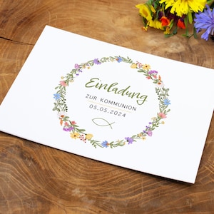 Einladung Kommunion Konfirmation, personalisierbar Einladungskarte DIN A6 Postkarte, bunte Wildblumen, Fisch, Mädchen Junge ab 1,30 Euro