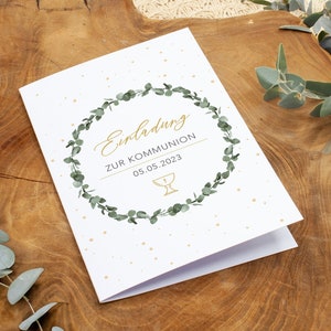 Einladung Kommunion Konfirmation, personalisierbar Einladungskarte DIN A6 Klappkarte, Kranz Eukalyptus, Kelch, Mädchen Junge, Naturpapier