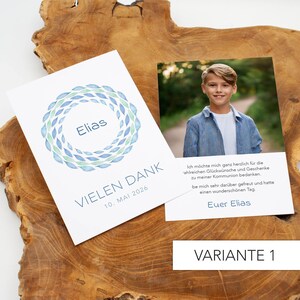 Dankeskarte mit Foto Kommunion Konfirmation, Taufe, personalisierbar Danksagung DIN A6, Aquarell, Fisch, Kreis, Mädchen, Junge, Naturpapier