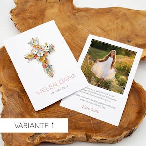 Dankeskarte mit Foto Kommunion Konfirmation, Taufe, personalisierbar Danksagung DIN A6, Blüten Blumen Kreuz bunt, Mädchen Junge, Naturpapier