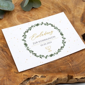 Einladung Kommunion Konfirmation, personalisierbar Einladungskarte DIN A6 Postkarte, Eukalyptus, Kelch, Mädchen Junge ab 1,30 Euro