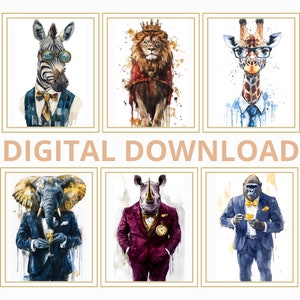 Safari Animals Watercolor Prints | Boho Nursery Wall Art | Jungle Animal Digital Download Set of 6 | Kids Room Decor | Instant Poster