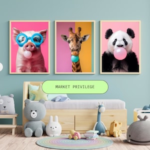 Retratos de animales caprichosos con burbujas de chicle - Descarga digital, dormitorio infantil y sala de juegos-póster-póster