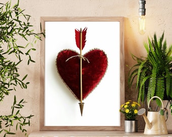 Red Heart Pierced by an Arrow -Love Illustration Digital Art | Romantic Decoration | Instant Download