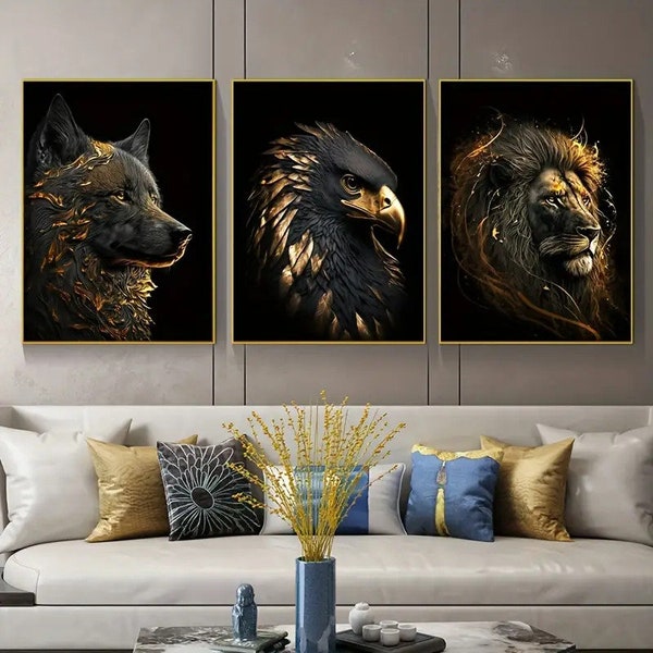 Set of 3 Frameless Black Gold Posters - Wolf, Eagle, Lion as 40x60cm Posters, Modern Wall Art for Living Room, Wall Decoration.