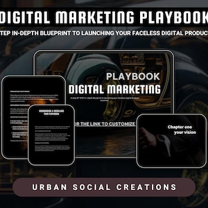 Op de afbeelding: Een digitale marketing playbook met een zwart-witte cover met de tekst "PLAYBOOK DIGITAL MARKETING" en "Chapter one your vision". De tekst "A step by step in-depth blueprint to launching your faceless digital product business" is ook inbegrepen. De afbeelding heeft een donkere achtergrond met een autoband op de achtergrond.