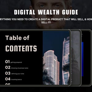 Op de afbeelding: Een digitale gids met een zwarte achtergrond en witte tekst met de titel "Digital Wealth Guide". De gids bevat een inhoudsopgave met vijf stappen: voorbereiden, een bedrijfsnaam kiezen, je niche definiëren, branding basics en het creëren van een digitaal product.
