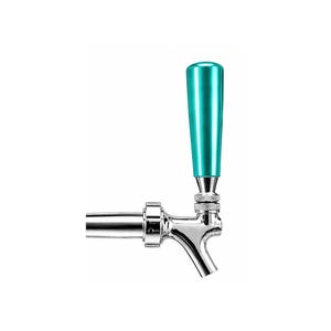 May include: A beer tap handle featuring a smooth, cylindrical, metallic teal top section attached to a polished chrome faucet assembly. The handle has a rounded tip and a silver-colored threaded connector base that joins the handle to the metal spout.