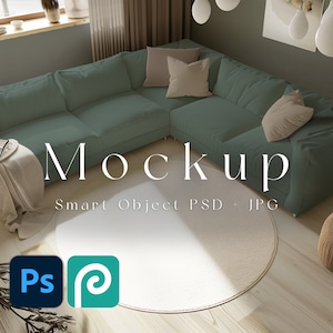 May include: A mockup of a green sectional sofa with beige pillows in a living room setting. The sofa is on a light beige rug with a round shape. The text "Mockup Smart Object PSD + JPG" is displayed on the image.