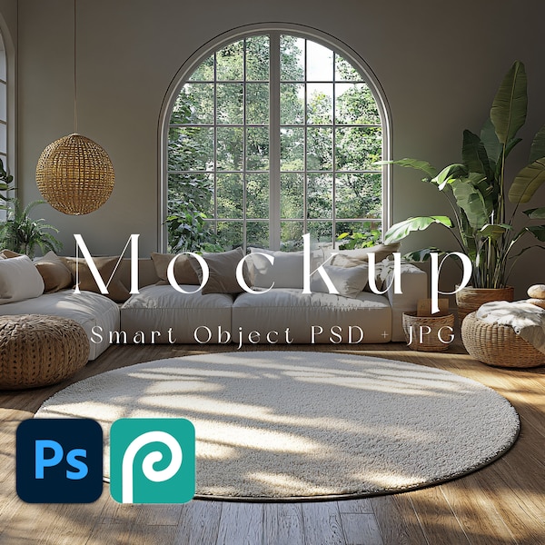 Area Round Rug Mockup, Circle Rug Mock-up PSD for Digital Product Display, Carpet Mockup for Photoshop & Photopia